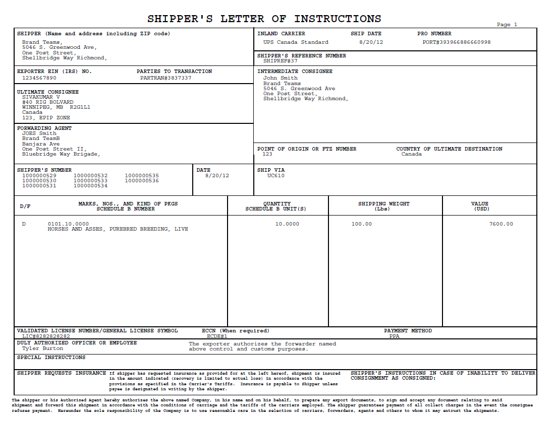 Shipper s Letter Of Instruction Template